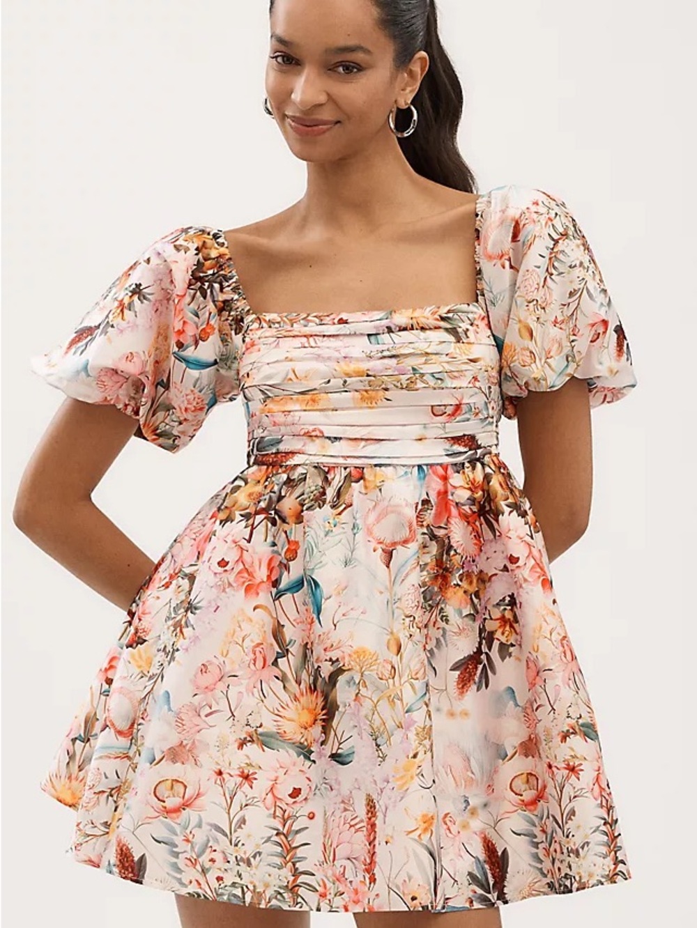 Anthropologie Floral Puff-Sleeve Mini Dress - White with Pink & Coral